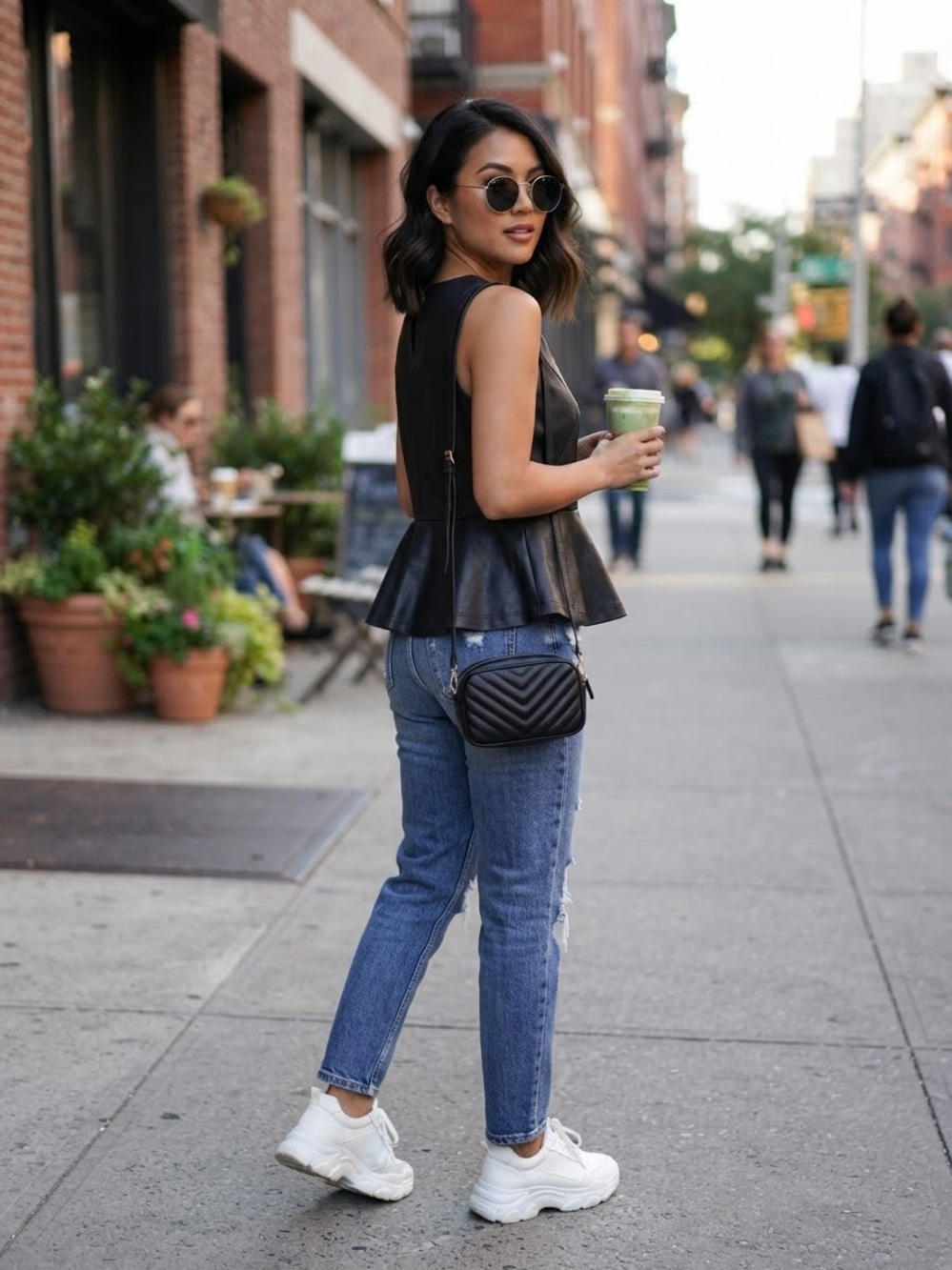 Jennifer Lopez Business Casual Y2K Black Faux Leather Peplum Top
